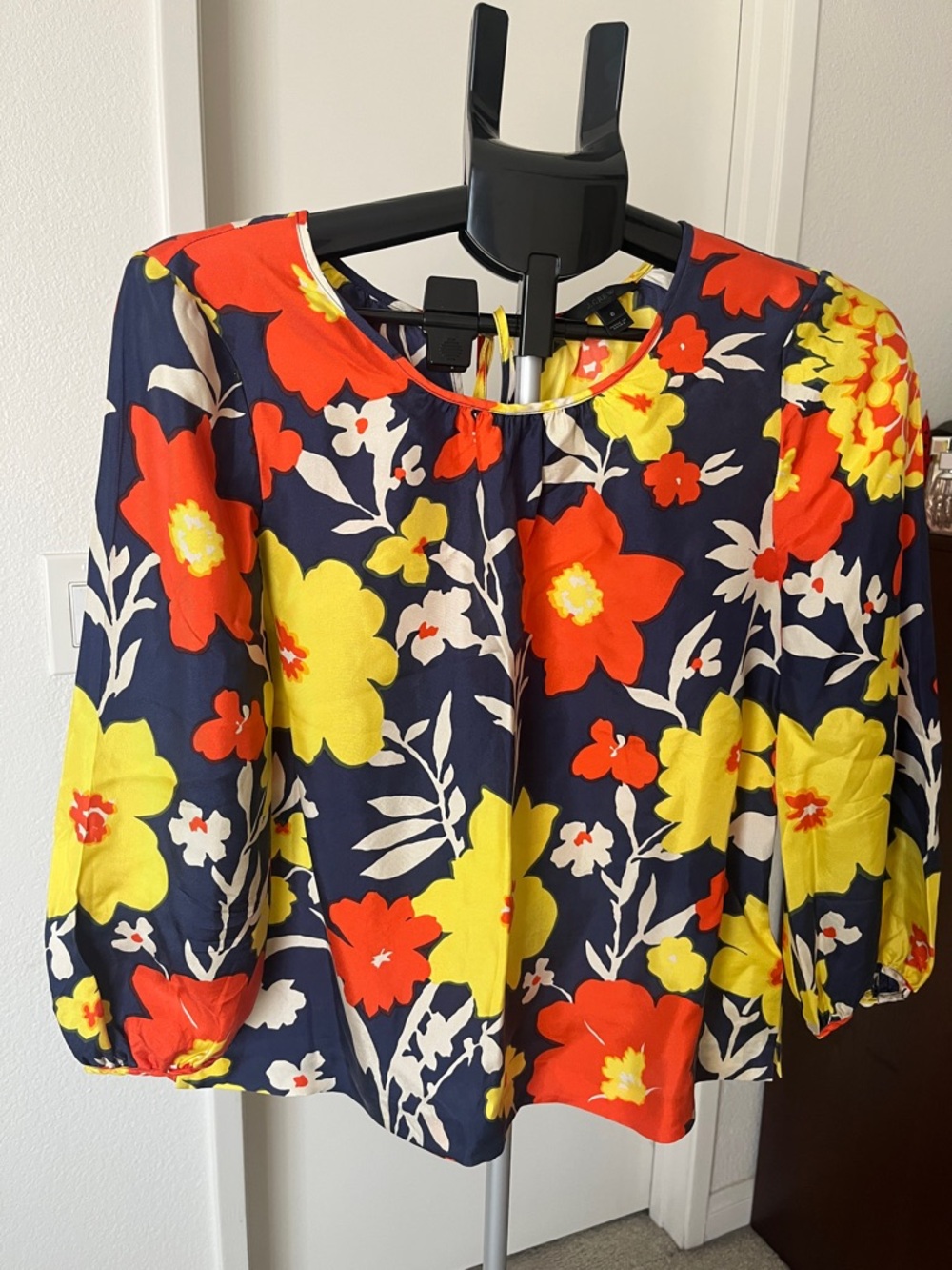 J. Crew Navy Floral Puff-Sleeve Blouse with Red & Yellow Blooms